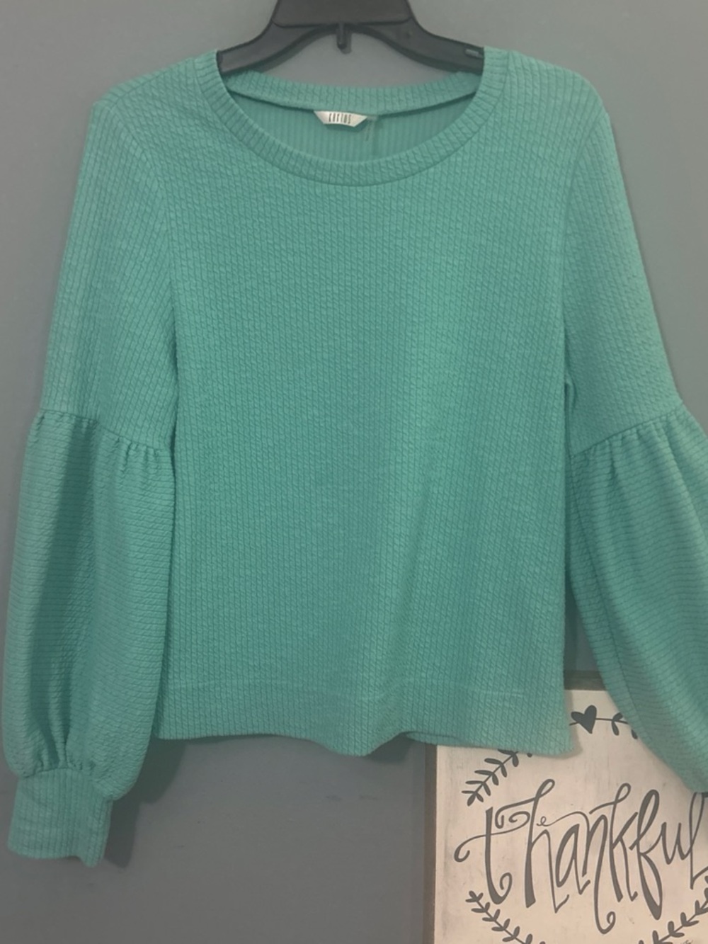 Kaktus Teal Voluminous  Balloon Sleeve Waffle Knit pull over Top